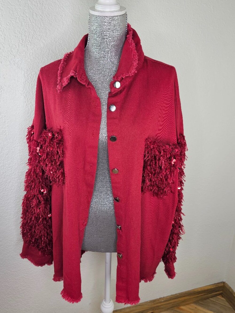 Chicme Red Sequin Feather Fringe Jean Jacket Size 2XL